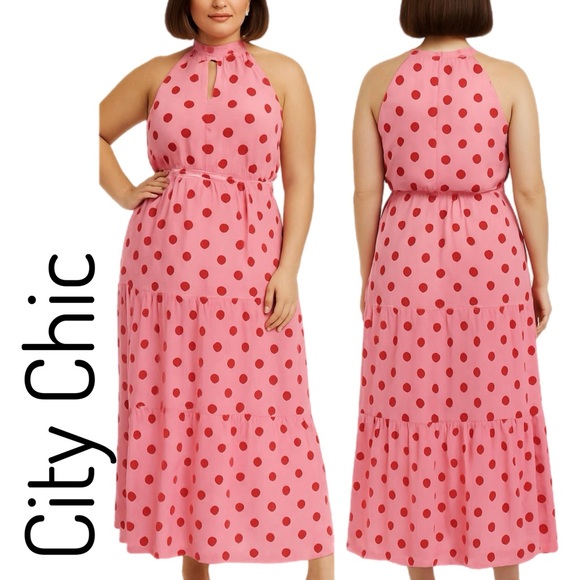 City Chic Plus Size Pink Polka Dot Maxi Dress w Belt Sz 20 - Picture 1 of 17